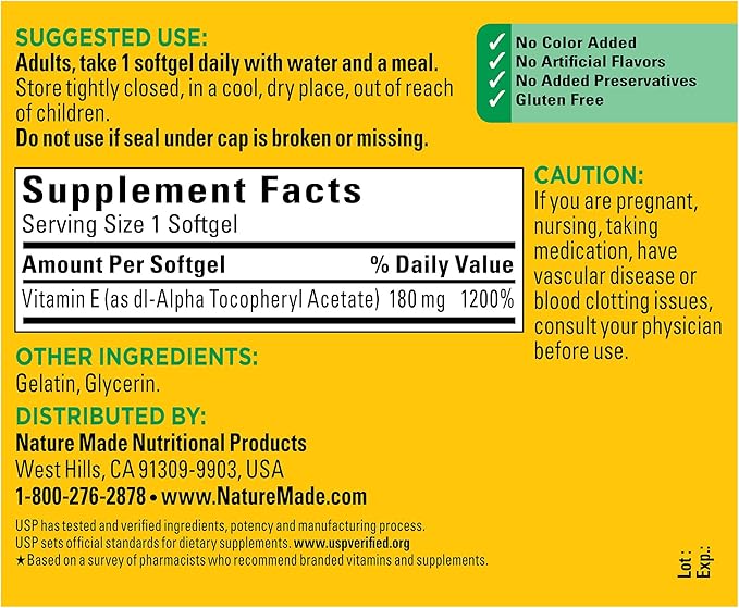 Nature Made Vitamin E 400 IU – Antioxidant, Immune & Skin Support – 180 Softgels – USP Verified