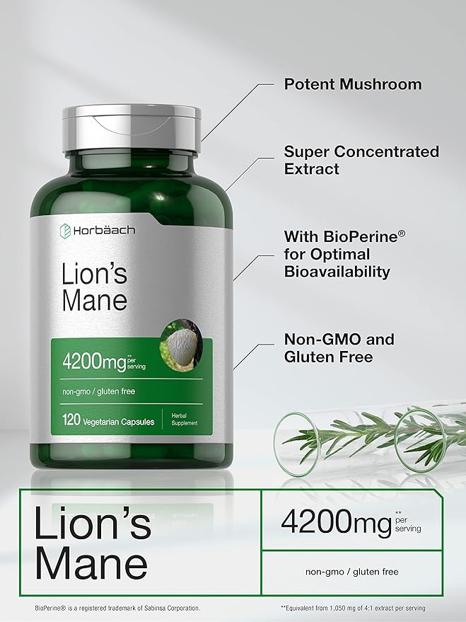 Horbäach Lion’s Mane Mushroom Extract 4200mg – Brain, Memory & Immune Support – 120 Vegetarian Capsules