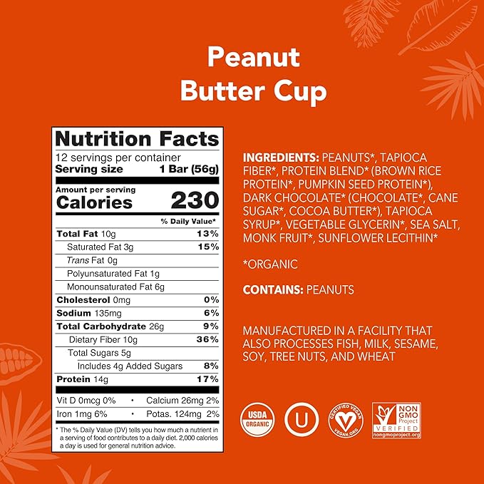 ALOHA Organic Plant Based Protein Bars – Peanut Butter Cup, Vegan, Low Sugar, Gluten-Free, 12 Bars