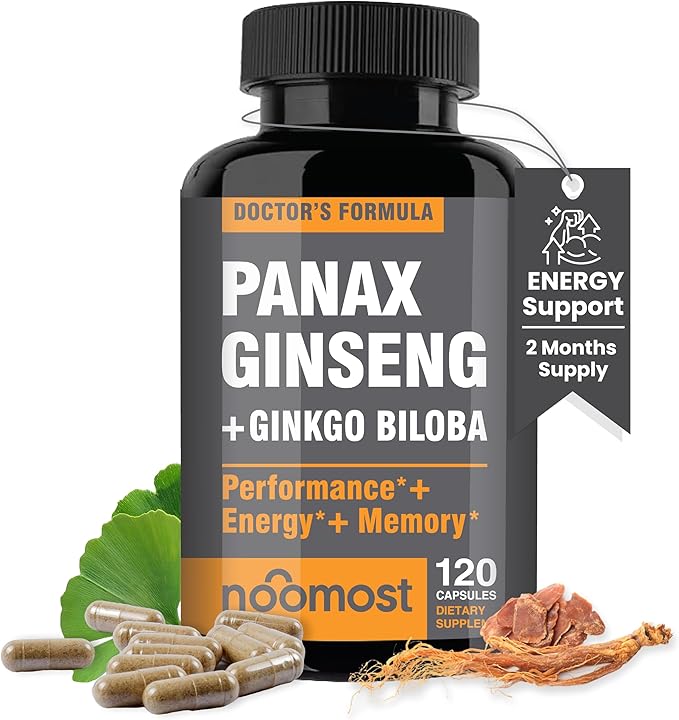 Authentic Korean Red Panax Ginseng with Ginkgo Biloba – Energy & Focus Supplement – Non-GMO, Gluten-Free, Vegan – 120 Capsules – For Men & Women