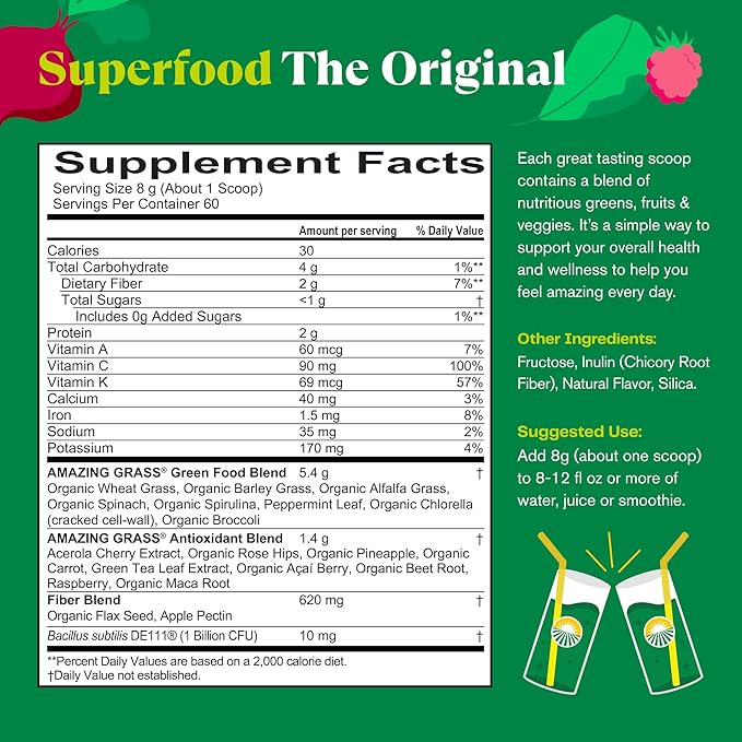 Amazing Grass Greens Blend Superfood – Original Green Powder with Spirulina, Chlorella, Beet Root, Probiotics & Digestive Enzymes – 60 Servings
