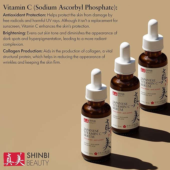Shinbi Beauty Japanese Vitamin C Serum with Rice Water & Hyaluronic Acid – Brightening, Anti-Aging, Anti-Wrinkle – J-Beauty Glow – 1oz