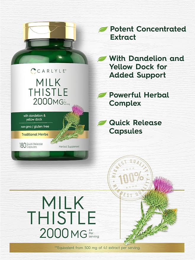 Carlyle Milk Thistle 2000mg – with Dandelion & Yellow Dock – Liver Detox & Antioxidant Support – Non-GMO, Gluten-Free – 180 Capsules