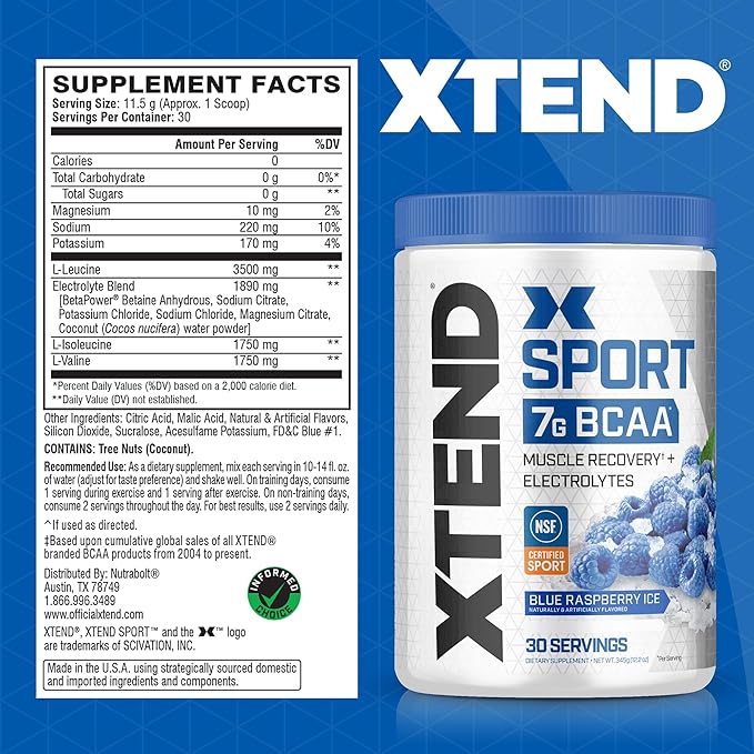 XTEND Sport BCAA Powder – Blue Raspberry Ice, Electrolyte Recovery & Hydration, 30 Servings