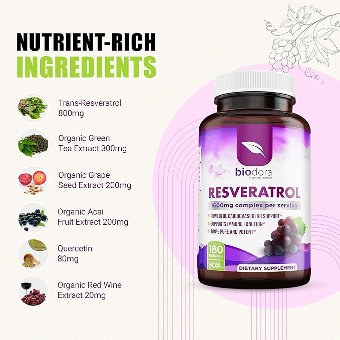 Resveratrol 1600mg – Antioxidant with Quercetin, Green Tea, Grape Seed & Acai – Immune, Heart & Digestive Health Support – Non-GMO, Gluten-Free – 180 Capsules