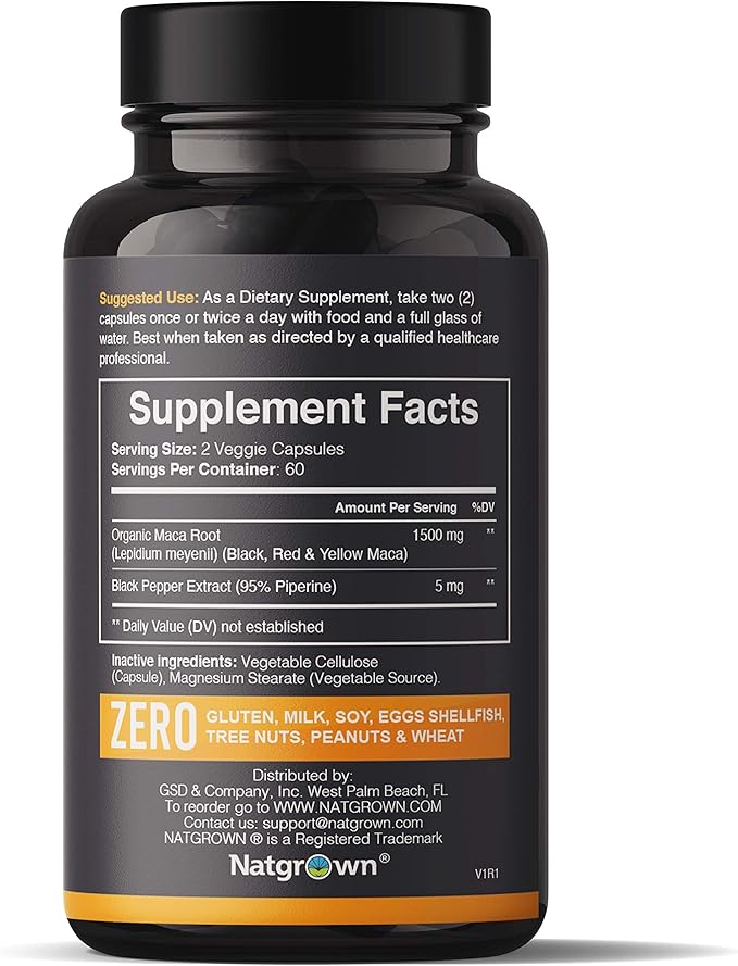 Natgrown Organic Maca Root Powder Capsules 1500mg – Red, Black & Yellow Peruvian Maca – Energy, Mood & Hormonal Support – Vegan, Non-GMO, Gluten-Free – 90 Capsules