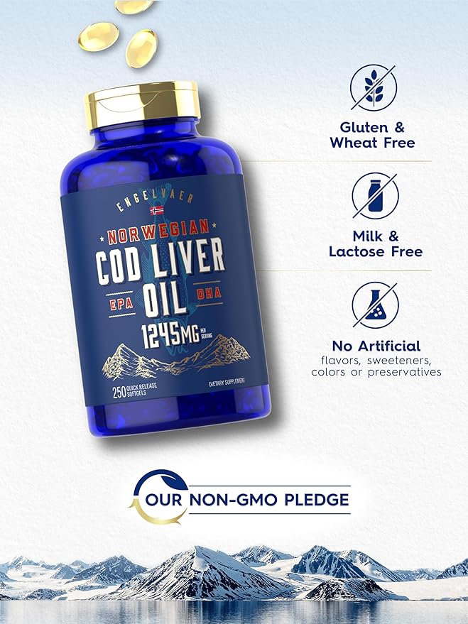 Carlyle Norwegian Cod Liver Oil 1245mg – High Omega-3 with EPA & DHA – Heart, Brain & Immune Support – Non-GMO, Gluten-Free – 250 Softgels (Value Size)