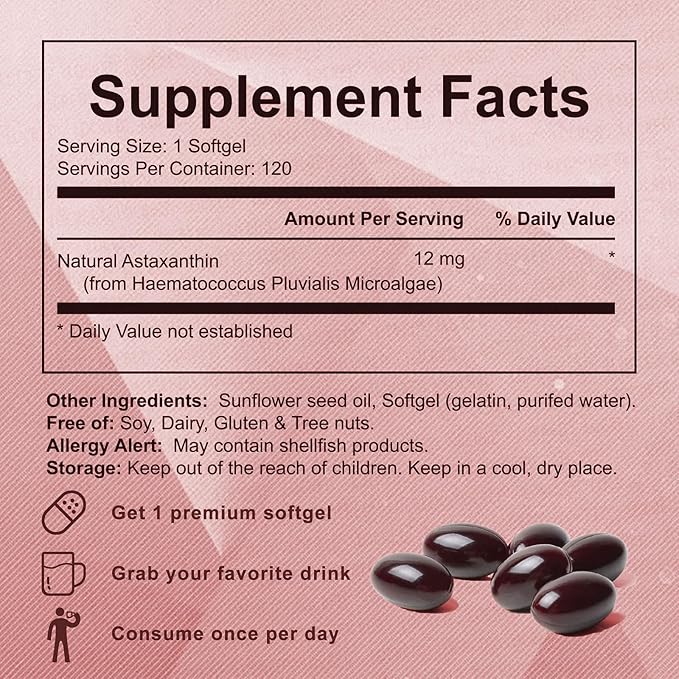 Astaxanthin 12mg – Premium Antioxidant for Immune, Skin, Eye & Joint Health – Non-GMO, Gluten-Free – 120 Softgels (4 Month Supply)