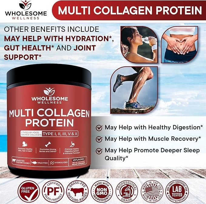 Multi Collagen Protein Powder Hydrolyzed (Type I II III V X) Grass-Fed All-in-One Super Bone Broth + Collagen Peptides - Premium Blend of Beef, Chicken, Wild Fish, Eggshell, 58 Servings, Unflavoured