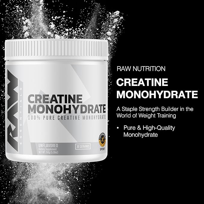 RAW Nutrition Creatine Monohydrate Powder – Unflavored, Micronized, 30 Servings