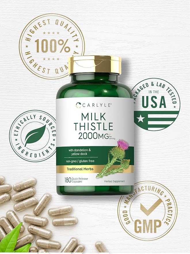 Carlyle Milk Thistle 2000mg – with Dandelion & Yellow Dock – Liver Detox & Antioxidant Support – Non-GMO, Gluten-Free – 180 Capsules