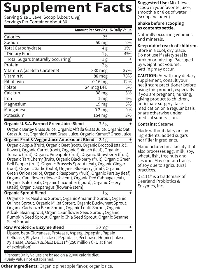 Garden of Life Raw Organic Perfect Food – Green Superfood Powder – Stevia-Free Juiced Greens for Detox, Alkalinity, Energy & Digestion – Vegan, Gluten-Free – 30 Servings