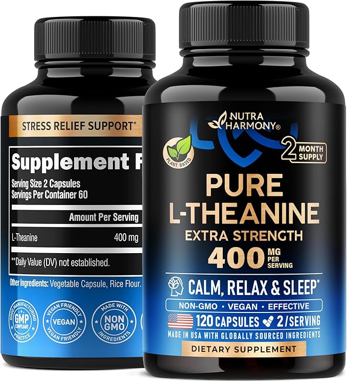 L-Theanine 400mg – Extra Strength Stress Relief & Sleep Support – Plant-Based, Vegan, Non-GMO, Gluten-Free – 120 Capsules – Made in USA