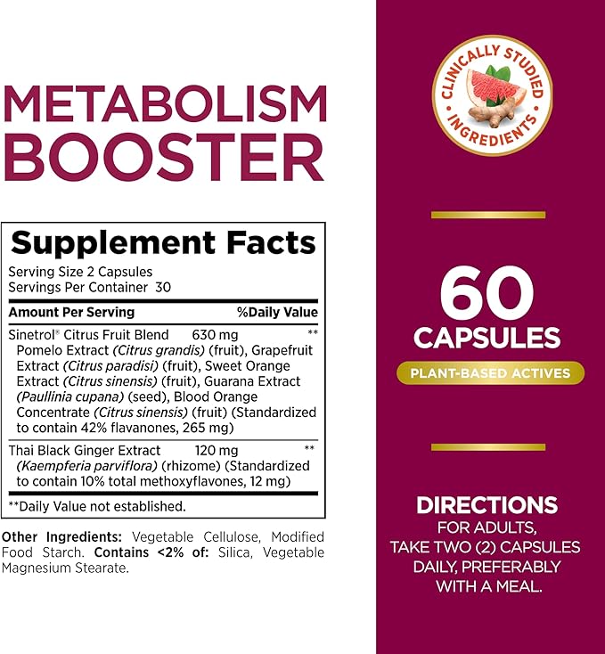 Nature’s Bounty Metabolism Booster – Supports Fat Metabolism & Abdominal Fat Loss – Citrus & Black Ginger Extract – Stimulant-Free, Non-GMO – 60 Capsules