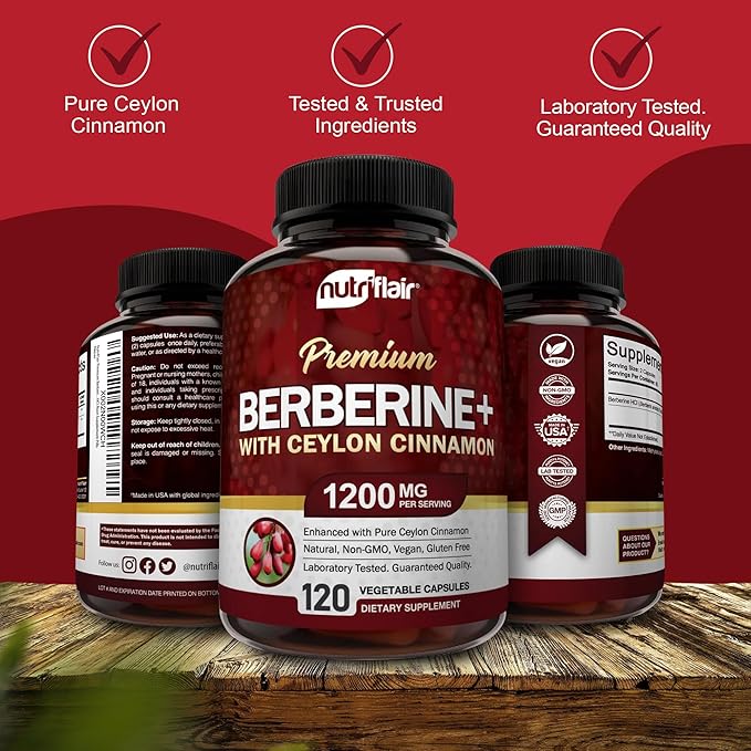 NutriFlair Premium Berberine HCL 1200mg with True Ceylon Cinnamon – Blood Sugar, Heart & Metabolic Support – Vegan, Non-GMO, Gluten-Free – 120 Capsules