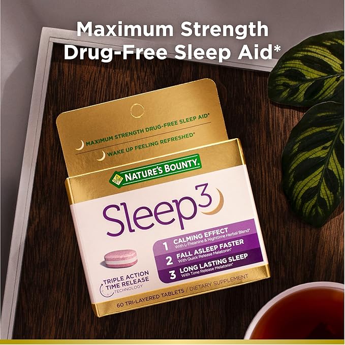 Nature’s Bounty Sleep3 – 10mg Melatonin, L-Theanine & Herbal Blend | Maximum Strength Time-Release Sleep Aid – 60 Tri-Layer Tablets