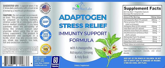 Adaptogen Stress Relief & Immune Support – 9-Herb Adrenal Formula with Ashwagandha, Astragalus, Rhodiola & Maca – Non-GMO – 60 Capsules