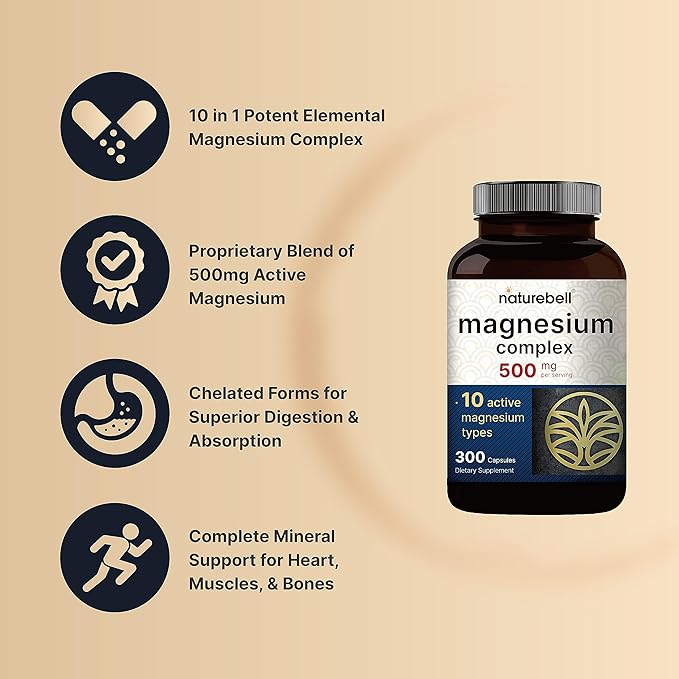 Magnesium Complex 500mg – Glycinate, Citrate, Malate & More – Chelated Bone, Heart & Muscle Support – 300 Capsules