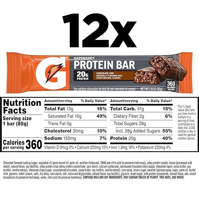 Gatorade Whey Protein Recover Bars – Chocolate Chip, Pack of 12, 2.8 oz Each