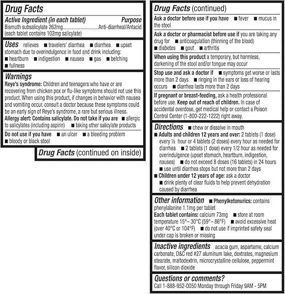 HealthA2Z Bismuth 262mg – Multi-Symptom Digestive Relief – Diarrhea, Nausea, Heartburn, Upset Stomach – Chewable Tablets