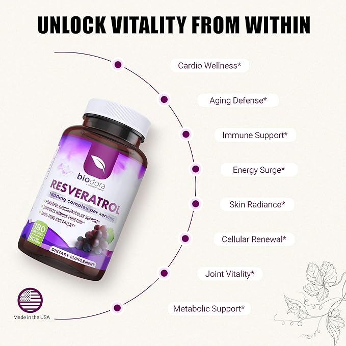 Resveratrol 1600mg – Antioxidant with Quercetin, Green Tea, Grape Seed & Acai – Immune, Heart & Digestive Health Support – Non-GMO, Gluten-Free – 180 Capsules