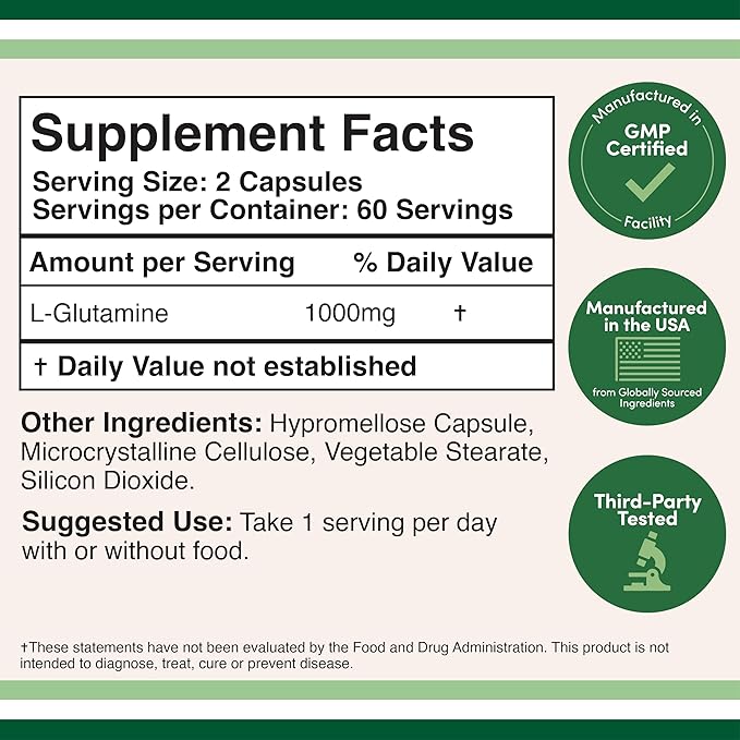 Double Wood L Glutamine Capsules – 1000mg Per Serving, 120 Capsules, Non-GMO, Gluten-Free, Keto Safe, Vegan Friendly