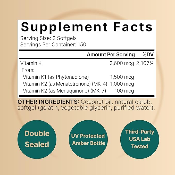 NatureBell Vitamin K Complex – K1 + K2 (MK-7 & MK-4) 2,600mcg – Bone, Heart & Calcium Support – 300 Coconut Oil Softgels – Non-GMO