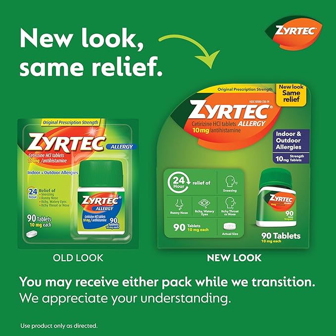 Zyrtec 24 Hour Allergy Relief Tablets – 93 Count Bundle (90 ct Bottle + 3 Travel Packs) – 10 mg Cetirizine HCl for Indoor & Outdoor Allergies