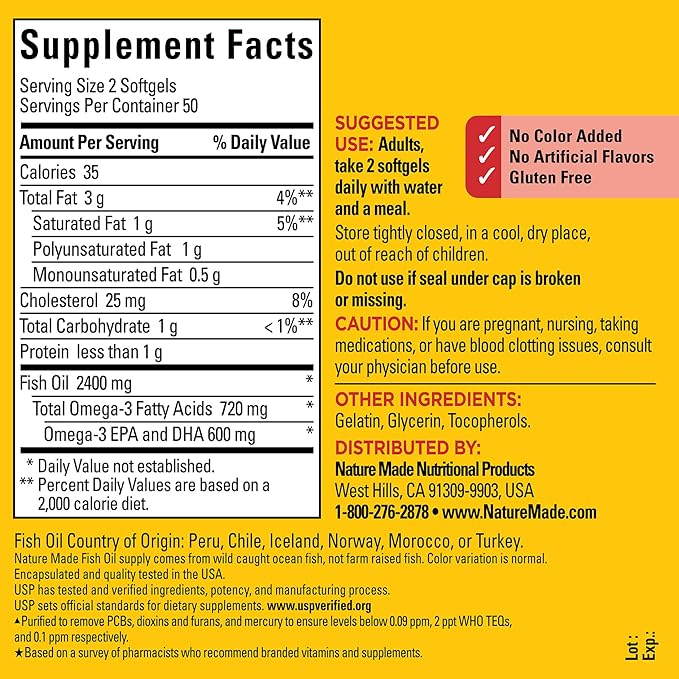 Nature Made Fish Oil 1200mg – Omega-3 EPA & DHA Heart Health Supplement – Non-GMO, Gluten-Free, Mercury-Free – 100 Softgels (50-Day Supply)