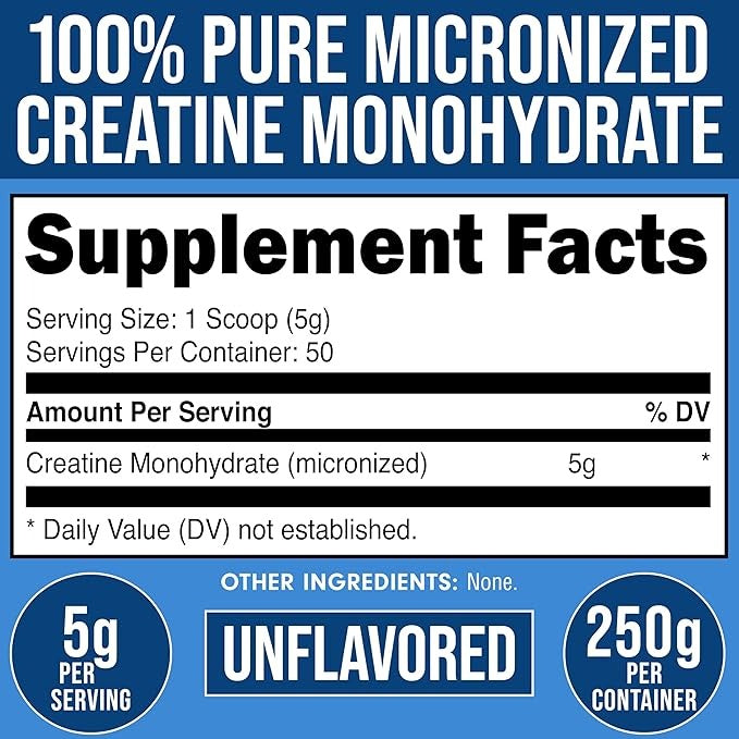 Bucked Up Pure Micronized Creatine Monohydrate – Unflavored, 5g Per Serving, 50 Servings, 250g Container