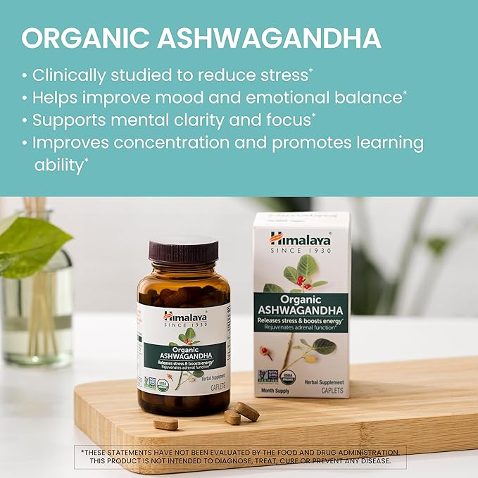 Himalaya Organic Ashwagandha 670mg – Stress Relief, Energy & Mood Support – USDA Organic, Vegan, Non-GMO – 60 Caplets (60-Day Supply)