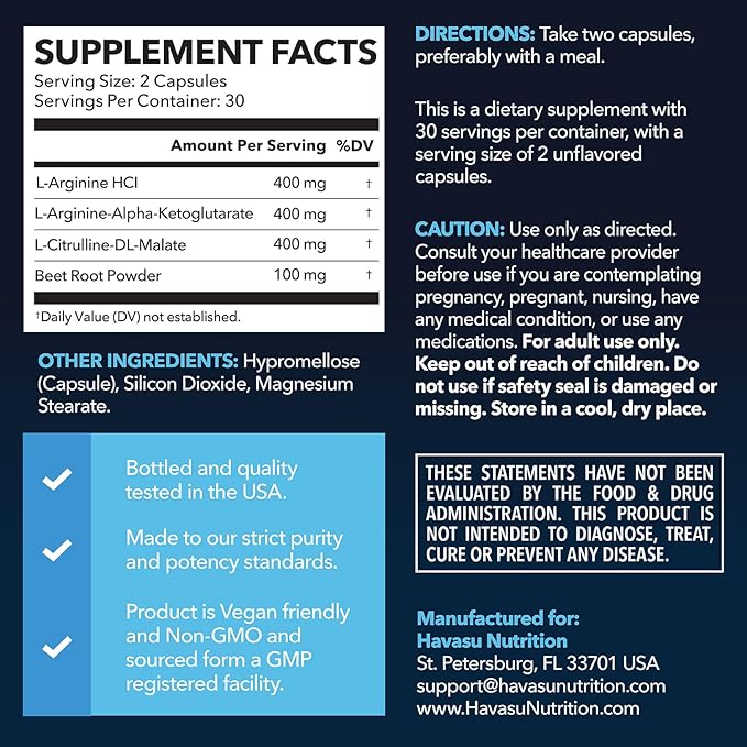 L-Arginine & L-Citrulline Capsules – Nitric Oxide Supplement, 60 Count, Vegan & Non-GMO, 1 Month Supply