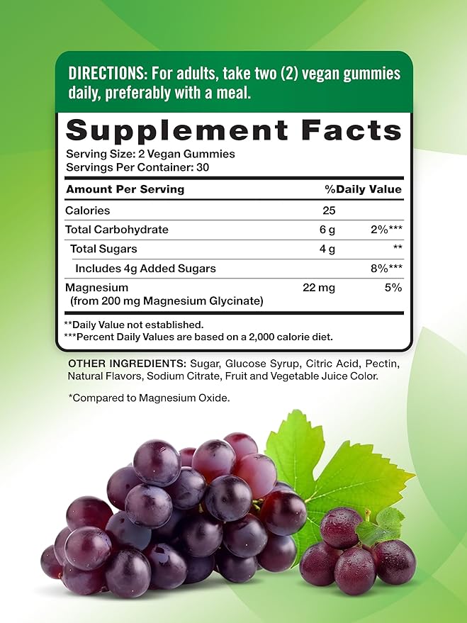 Natures Truth Magnesium Glycinate Gummies for Adults 200mg Grape Flavor Vegan Gluten Free Non GMO Supplement 60 Count