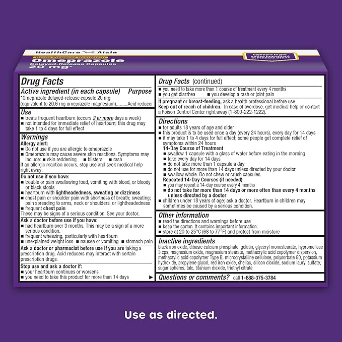 HealthCareAisle Omeprazole 20 mg Delayed Release Capsules for Frequent Heartburn Relief 42 Count