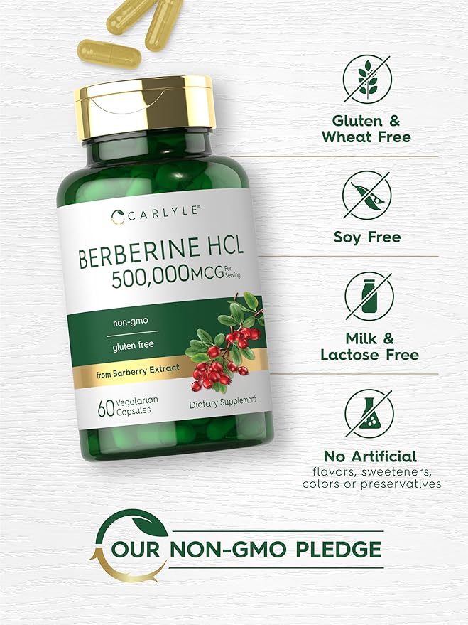Carlyle Berberine HCL 500mg – Herbal Supplement from Barberry Extract – Blood Sugar, Heart & Metabolic Support – Non-GMO, Gluten-Free – 60 Vegetarian Capsules