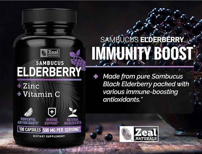 Zeal Naturals Elderberry Capsules with Vitamin C & Zinc – 500mg Sambucus Extract – Max Strength 3-in-1 Immune Support – Non-GMO, Gluten-Free – 100 Capsules