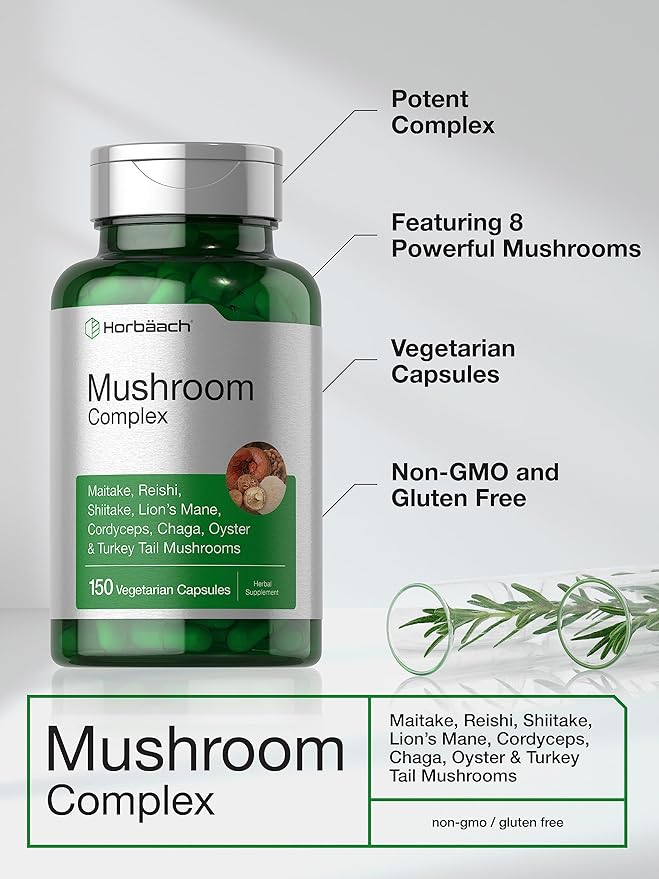 Horbäach Mushroom Complex – 8 Mushroom Immune & Brain Support – 150 Capsules – Non-GMO, Gluten Free