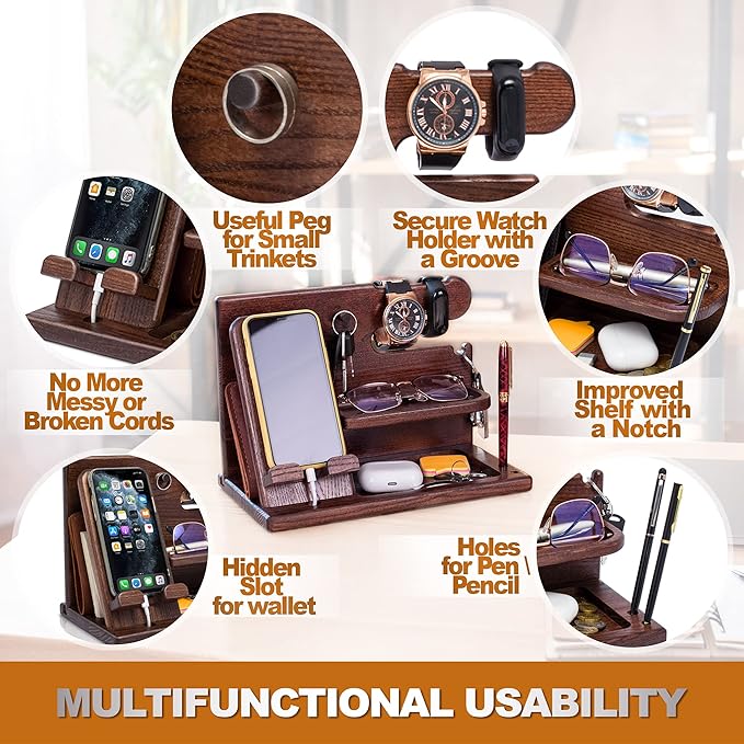 TESLYAR Wood Phone Docking Station for Men, Nightstand Organizer, Gift for Husband Dad, Key Wallet Stand