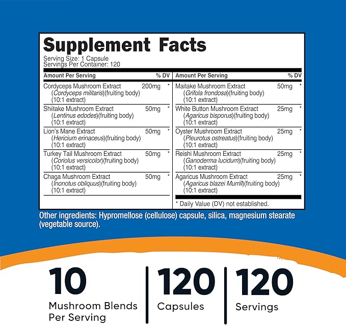 Nutricost Mushroom Complex – 10 Mushroom Immune & Brain Support – 120 Capsules – Non-GMO, Gluten Free