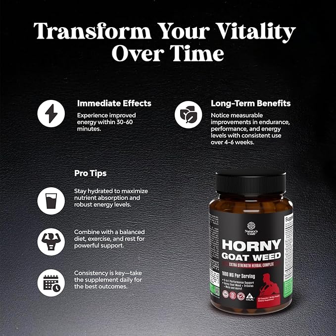 Horny Goat Weed for Men – Extra Strength Male Vitality Supplement with Black Maca, Tongkat Ali, Ginseng & Saw Palmetto – Stamina, Energy & Endurance – 60 Capsules