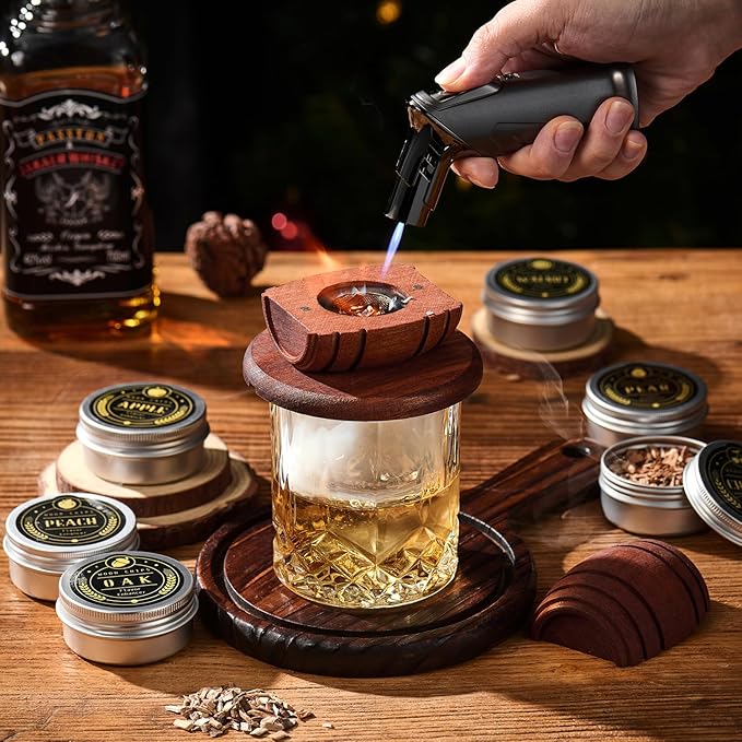 Whiskey Smoker Kit with Torch, 6 Wood Chips, 2 Glasses, Ice Ball Molds, Cocktail Gift for Men