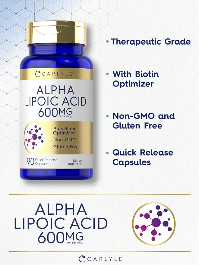 Carlyle Alpha Lipoic Acid 600mg with Biotin – Antioxidant for Energy, Nerve & Metabolic Health – Non-GMO, Gluten-Free – 90 Capsules