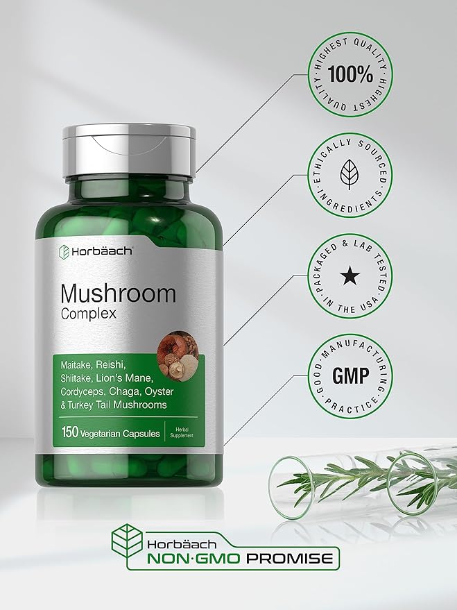Horbäach Mushroom Complex – 8 Mushroom Immune & Brain Support – 150 Capsules – Non-GMO, Gluten Free