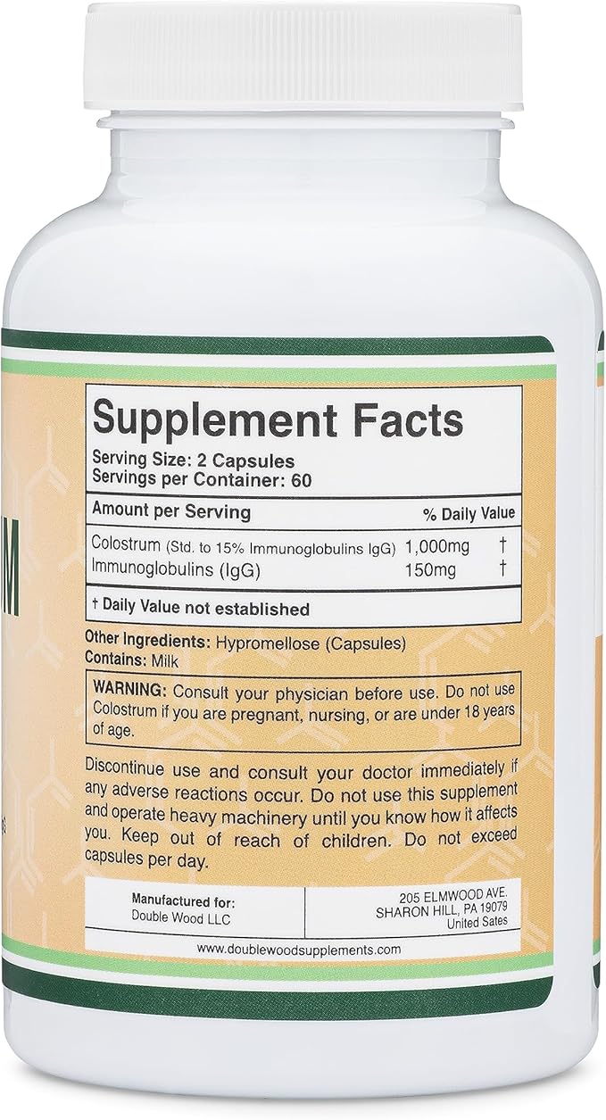 Double Wood Colostrum Supplement – 1000mg Bovine Colostrum from First Milking – 15% IgG Immune & Gut Support – Non-GMO, Gluten-Free – 120 Capsules (2-Month Supply)