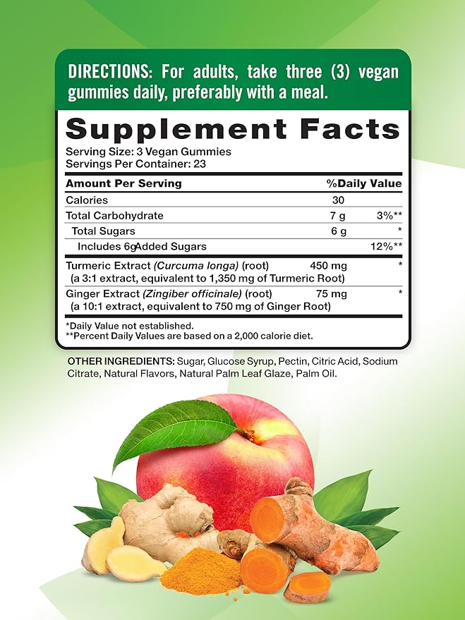 Nature’s Truth Turmeric & Ginger Gummies – 450mg Turmeric + 75mg Ginger per Serving – Vegan, Non-GMO, Gluten-Free – 70 Count Peach Flavor