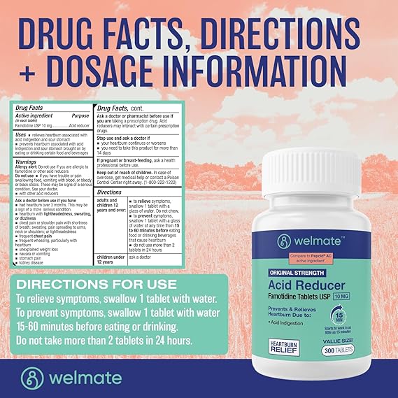 WELMATE Famotidine 10mg Acid Reducer – 300 Tablets – Heartburn & Indigestion Relief, Original Strength
