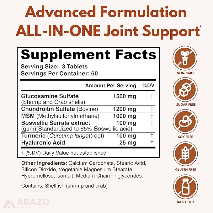 Arazo Nutrition Glucosamine Chondroitin with Turmeric, MSM, Boswellia & Hyaluronic Acid – Extra Strength Joint Support – Non-GMO, Gluten-Free – 180 Tablets