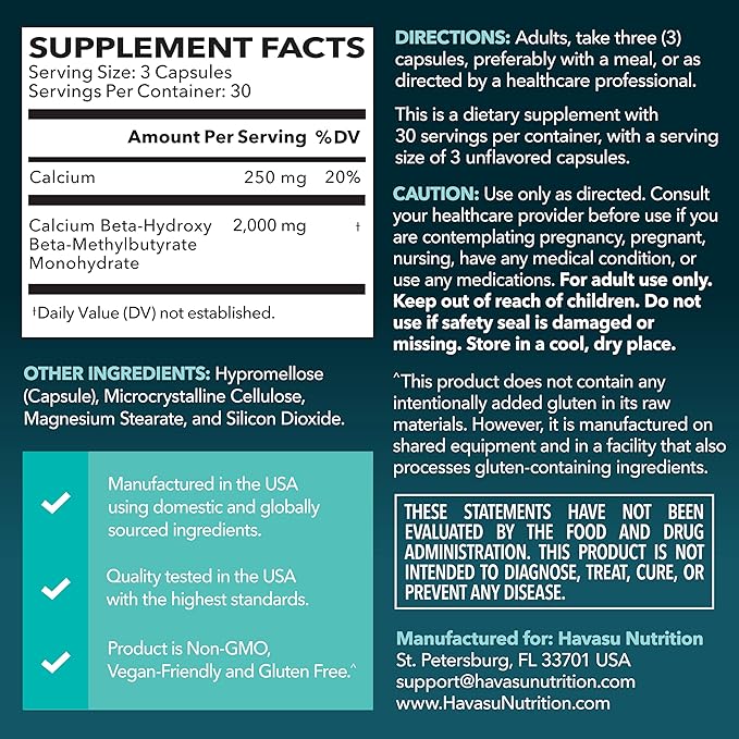 HMB Capsules 2000mg – Calcium B-Hydroxy B-Methylbutyrate, 90 Capsules, Vegan, Non-GMO, Gluten-Free