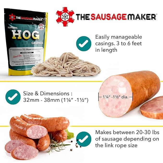 The Sausage Maker® Natural Hog Sausage Casings 32-38mm, Edible Casing For Sausage Making, Stuff Over 25 Lbs Meat, Breakfast, Italian, Polish, Bratwurst, Hot Dog, Pork Links, 1.2-1.5