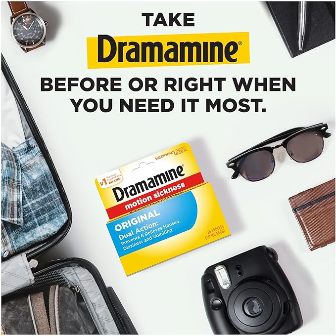 Dramamine Original Motion Sickness Relief Tablets, 36 Count – Fast-Acting Dimenhydrinate 50mg for Nausea, Dizziness, Vomiting, Travel Sickness & Cruise Essentials
